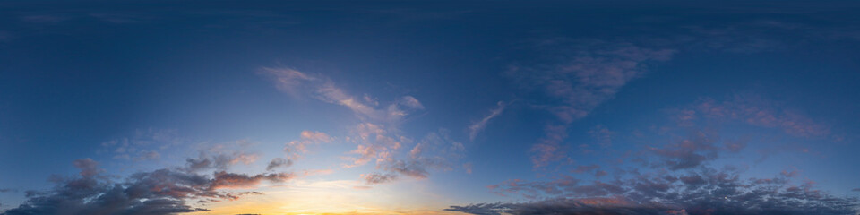 Dark blue twilight sky panorama with Cumulus clouds. Seamless hdr 360 panorama in spherical...