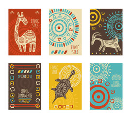 Set of ethnic banner, background, flyer, placard with tribal ornaments of red, yellow, blue and brown colors. Vertical vector poster, template card, sticker with geometric patterns and animals. EPS8 © frenta