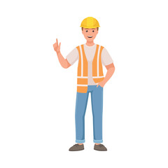 Man Builder Character in Hard Hat and Warnvest Standing and Indicating Finger Vector Illustration