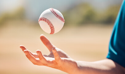 Sports athlete catch baseball with hand on playing game or training practice match for exercise or...