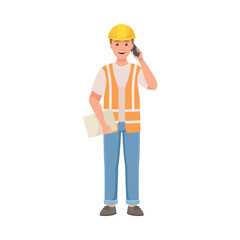 Man Builder Character in Hard Hat and Warnvest Standing and Speaking by Phone Vector Illustration