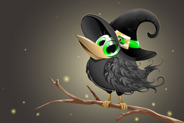 Cute funny cartoon raven bird girl in the black witch hat sitting on the tree branch