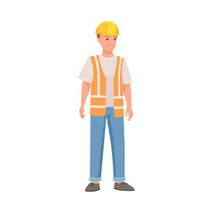 Man Builder Character in Hard Hat and Warnvest in Standing Pose Vector Illustration