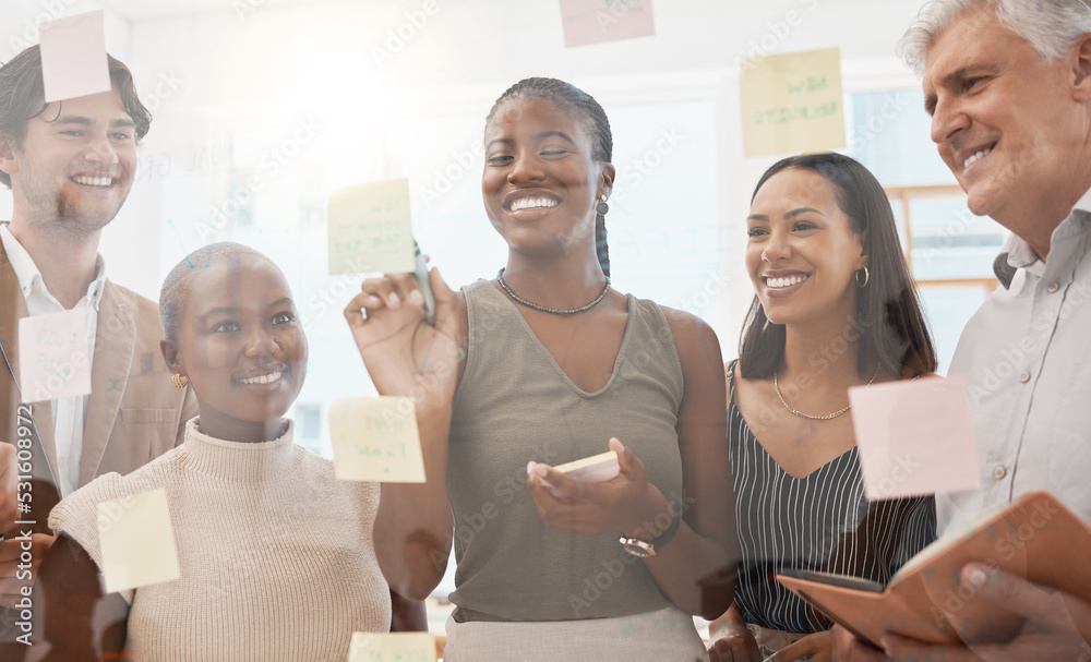 Poster sticky note, business planning and happy employees working on creative idea, collaboration for marke