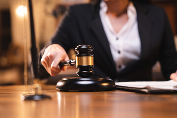 law and authority lawyer concept, judgment gavel hammer in court courtroom for crime judgement legislation and judicial decision, judge having justice of punishment guilt and criminal verdict legal