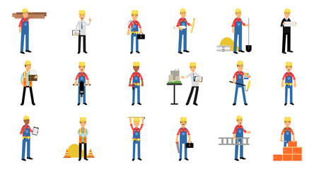 Man Professional Builder Character in Hard Hat and Overalls Working on Construction Site Vector Set