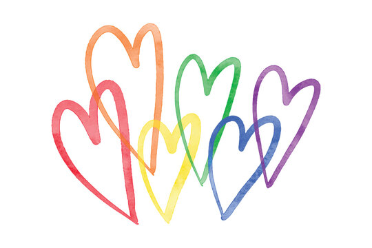 Cute watercolor textured six hearts in rainbow color of LGBT community. Clip art, logo, symbol of LGBT Pride. Vector illustration isolated on white background