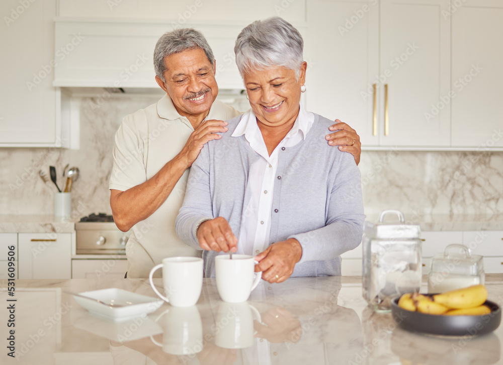 Sticker coffee, couple and love with a senior woman and man enjoying retirement while together in the kitche