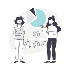 Woman Business Character with Coworker and Pie Chart Discussing Strategy Vector Illustration