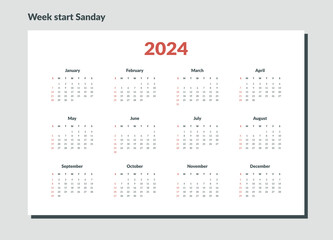 2024 Calendar Template. Vector layout of a wall or desk simple calendar with week start sunday.