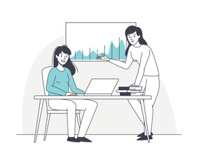 Woman Business Character Sitting at Desk with Laptop and Chart Working with Data Vector Illustration