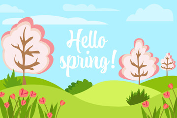 Hello spring concept. Vector illustration of a spring landscape with flowers and blossom trees. Template for post or web banner with text