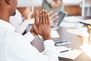 Black man hands, applause and business meeting in team seminar or workshop conference at the...
