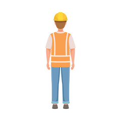 Man Builder Character in Hard Hat and Warnvest in Standing Pose Back View Vector Illustration