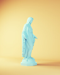 Virgin Mary with Her Arms Out Blue Statue Religious Art Woman with Yellow Beige Background Quarter View 3d illustration render