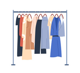 Clothes rolling rack with row of garments hanging on hangers. Wardrobe display and storage rail. Metal stand for summer wearing storing. Flat vector illustration isolated on white background