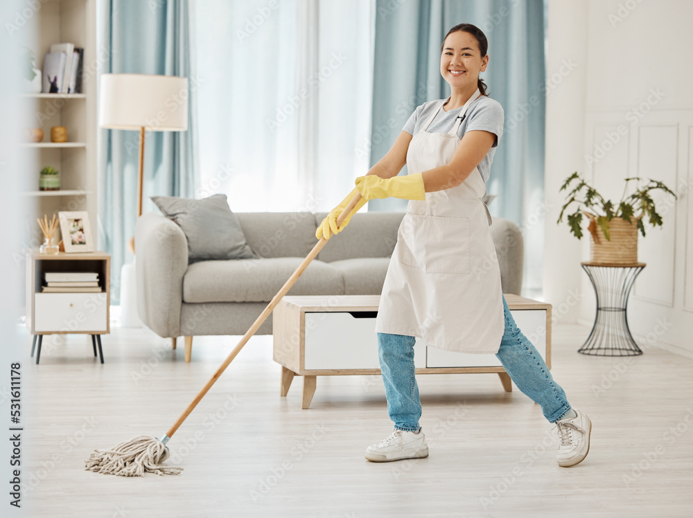 Wall mural Asian cleaner woman mopping and cleaning dirt and dust in lounge or living room floor in house or home. Happy Japanese housekeeping help, hygiene maid or employee tidy and spring cleaning apartment