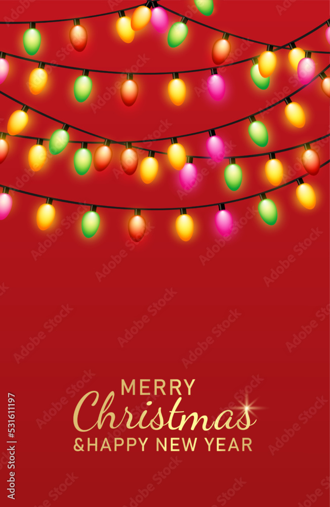 Wall mural Christmas red background with decoration round ring from glass light garland. Merry Christmas Greeting card. Happy new year. Festive bright design. Xmas Holiday poster. vector illustration