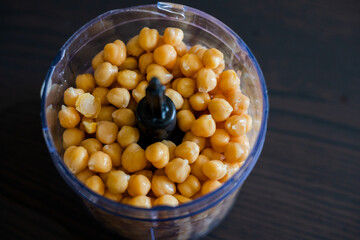 chickpeas in chopper ready to make hummus 