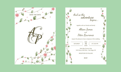 Сute and tender wedding invitation card set template design with watercolor leaves and flowers