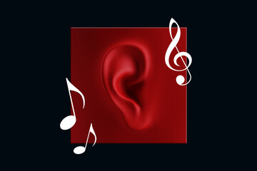 Human ear close-up in red. Symbol, icon, music streaming, music app, podcast, audio book. Modern design, magazine style, 3D render, 3D illustration.