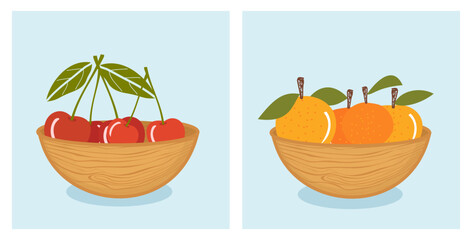 Cherry with green leaves and oranges in wooden bowls on blue backgrounds vector illustration.