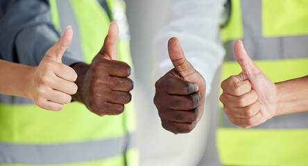 Thumbs up, hands and construction worker diversity in success, trust and support of building design and architecture. Zoom on engineering men and women with real estate property vision and motivation