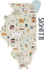 Illinois map state with landmarks and symbols. - obrazy, fototapety, plakaty