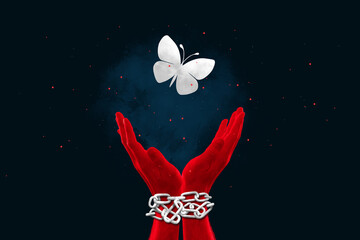 Hope, faith, red hands in chains reach for a butterfly. Symbol of problems, faith, loneliness, prayer. Modern design, magazine style, 3D render, 3D illustration. - obrazy, fototapety, plakaty