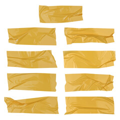 Fototapeta na wymiar Yellow wrinkled adhesive tape isolated on white background. Yellow Sticky scotch tape of different sizes. Vector illustration.