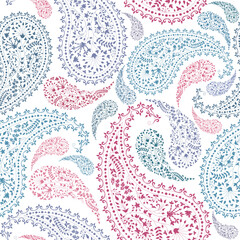 seamless pattern with blue pink green paisley