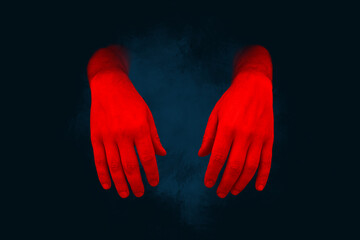 Red drooping hands symbolize problems, depression, melancholy, pessimism, loneliness. Unhappy, sad person. Modern design, magazine style, 3D render, 3D illustration.