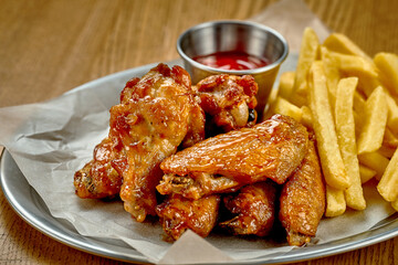 BBQ chicken wings. Beer snack. Close-up, selective focus. Noise added in post-production