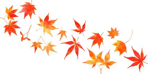 秋色の水彩模様が美しい、和紙風モミジのイラスト素材