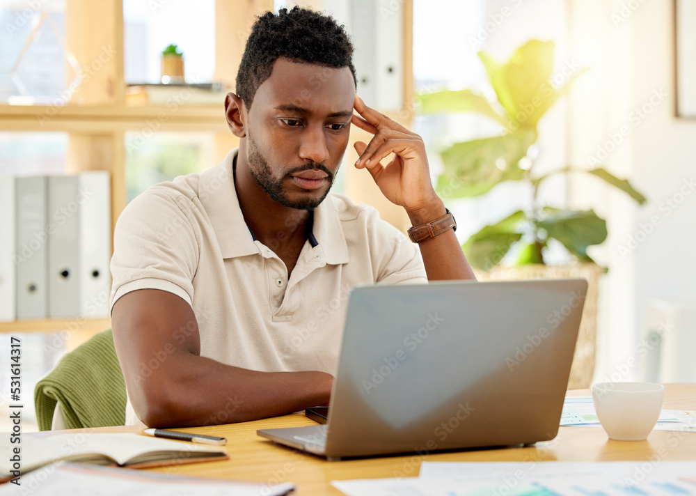 Poster reading email, work laptop and businessman thinking of strategy for corporate marketing business, pl