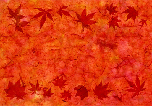 色づくモミジの葉、植物の素材が入った秋色のナチュラル和紙