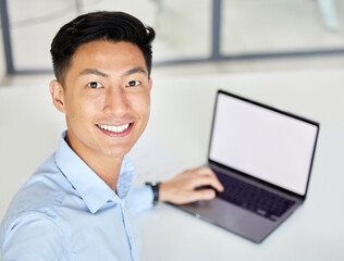 Laptop, happy and businessman taking an office selfie at work and typing an email with mockup space...