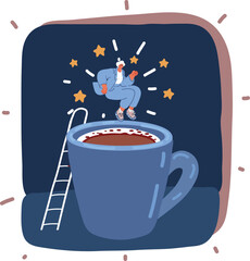 Cartoon vector illustration of young woman happy smile jump up to drink coffee
