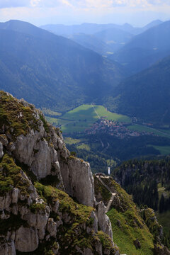 Germany, Bavaria, Observation point and distant village seen fromWendelsteinmountain