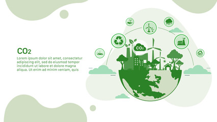 Co2 icon concept for reducing co2 emissions to stop climate change. on the green world energy background. Emvironmemtal protection vector 
illustrator set.