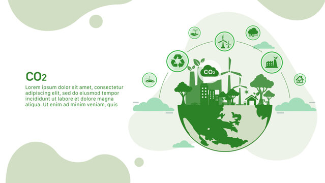 Co2 Icon Concept For Reducing Co2 Emissions To Stop Climate Change. On The Green World Energy Background. Emvironmemtal Protection Vector 
Illustrator Set.