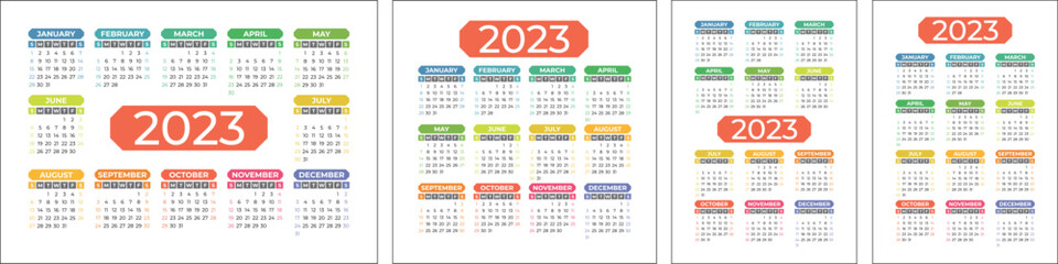 Calendar 2023 set. Color english calender template collection