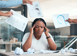 Stress, burnout and anxiety with a woman consultant working in a call center for customer service,...