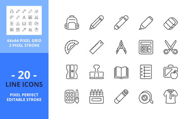 Line icons about back to school. Pixel perfect 64x64 and editable stroke