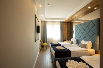 Interior of a double bed hotel bedroom