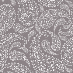 seamless pattern with gray background white paisley elements