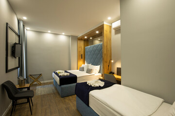 Interior of a double bed hotel bedroom
