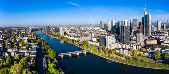 Germany, Hesse, Frankfurt, Aerial panorama of river Main and downtown skyscrapers