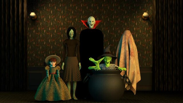 A group of horror movie characters takes a picture 3D 4K animation. Creepy but cute monsters for Halloween.