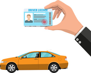 Driver license in hand and orange sedan car